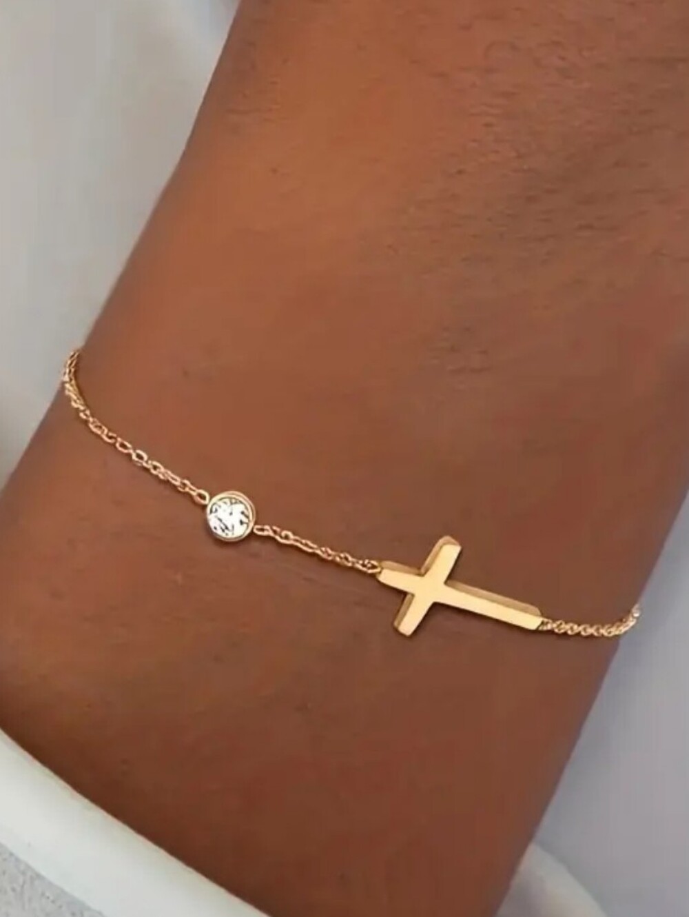 Gold Plated  Cross Sideways Bracelet with Single Crystal Accent - Women Jewelry
